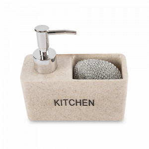 Диспенсер для моющего средства с губкой, 160 мл, полирезин/пластик, бежевый, серия Stone, ANNA LAFARG, Китай, Диспенсеры для жидкого мыла из нержавеющей стали