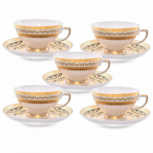 Набор из 6-ти чайных пар Green Mint Gold, 220 мл, фарфор, зеленый, золотой, серия Diadem, FALKENPORZELLAN, Германия, Чайные пары из Германии