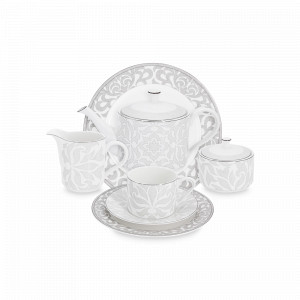 Сервиз чайный на 12 персон Айседора, 40 предметов, костяной фарфор, белый, серебристый, серия Emily, ANNA LAFARG, Китай, Чайные сервизы из фарфора