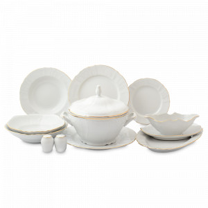 Сервиз столовый на 6 персон, 27 предметов, фарфор, белый, золотой, серия Белый узор, BERNADOTTE, Чехия, Наборы обеденных тарелок