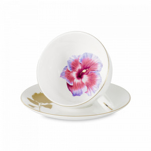 Пара чайная Гибискус Flowers, 250 мл, костяной фарфор, белый, декор, серия Emily, ANNA LAFARG, Китай, Кружки и чашки ANNA LAFARG