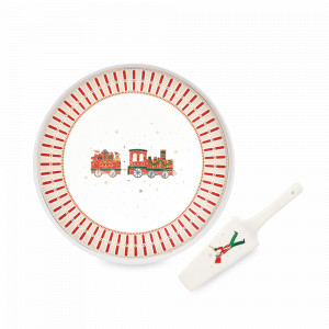 Блюдо для торта с лопаткой, 32 см, фарфор, белый, декор, серия Полярный экспресс, EASY LIFE (R2S), Италия, Блюда из фарфора