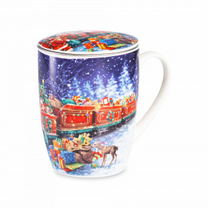 Кружка с ситечком и крышкой «Noel Новогодний поезд Санты», 400 мл, фарфор, декор, LAMART, Италия, Кружки с крышкой