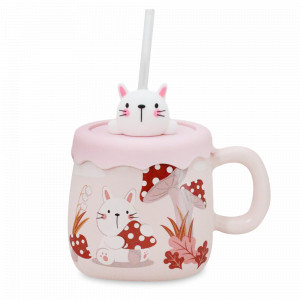 Кружка с крышкой и трубочкой Зайка, 380 мл, керамика, розовый, серия Animals, REPAST, Чехия, Кружки REPAST