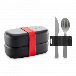 Ланч-бокс двойной с приборами, 1 л, 19 х 10 см, пищевой пластик, черный, серия TO GO, LEKUE, Испания, Ланч-боксы