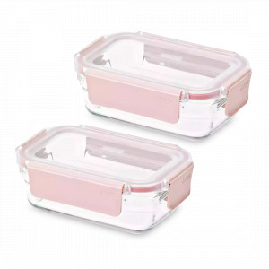 Набор из 2-х прямоугольных контейнеров, 390 мл, стекло, пластик, розовый, GLASSLOCK, Корея, Наборы контейнеров GLASSLOCK