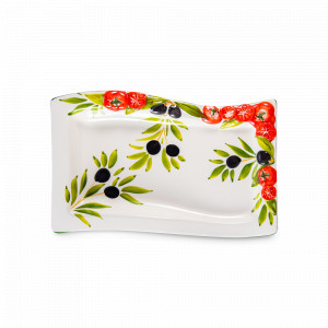 Блюдо прямоугольное, 25 х 12 см, керамика, белый, декор, серия Томаты и оливки, EDELWEISS, Италия, Прямоугольные блюда для сервировки