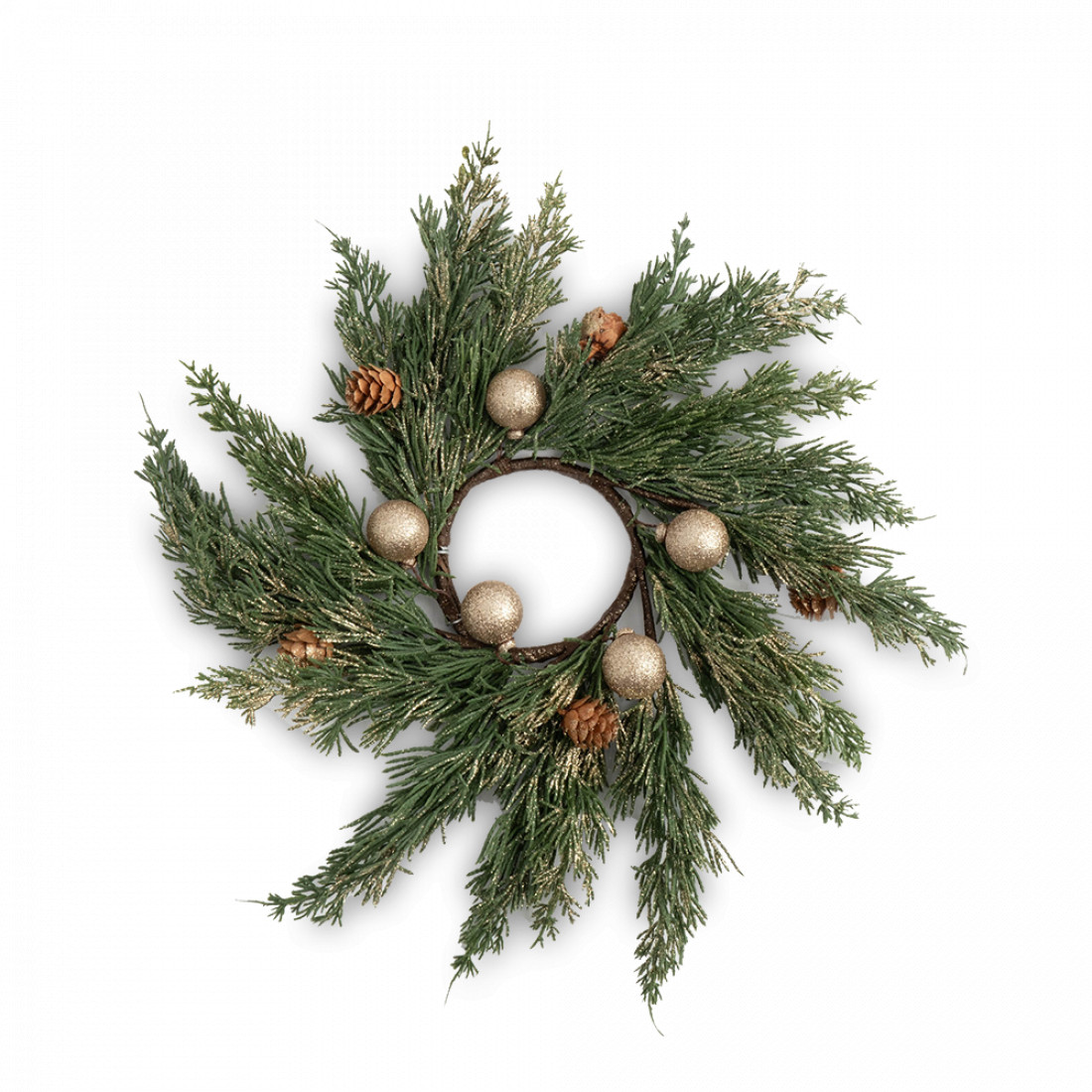 Декор - венок «Золотые шары», 40 см, пластик, шишки, зеленый, коричневый, серия New Year, ANNA LAFARG, Китай