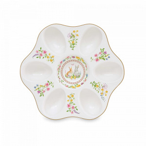 Блюдо круглое для 6-ти яиц Кролики и цветы, 21 см, фарфор, белый, декор, серия Happy Easter, EASY LIFE (R2S), Италия, EASY LIFE R2S (Италия)