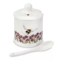 Банка для меда с ложкой «Шмель Забавная фауна», 110 мл, костяной фарфор, белый, декор, серия Wrendale Designs, ROYAL WORCESTER, Великобритания, 
