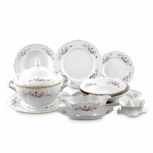 Сервиз столовый на 6 персон, 27 предметов, фарфор, белый, золотая отводка, серия Серая роза, BERNADOTTE, Чехия, Наборы обеденных тарелок