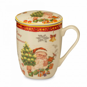 Кружка с ситечком и крышкой «Noel Сюрприз Санта с елкой», 400 мл, фарфор, декор, LAMART, Италия, Большие кружки