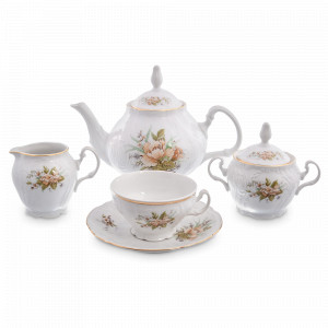 Сервиз чайный на 6 персон, 17 предметов, фарфор, белый, декор, серия Зеленый цветок, BERNADOTTE, Чехия, Зеленый цветок BERNADOTTE